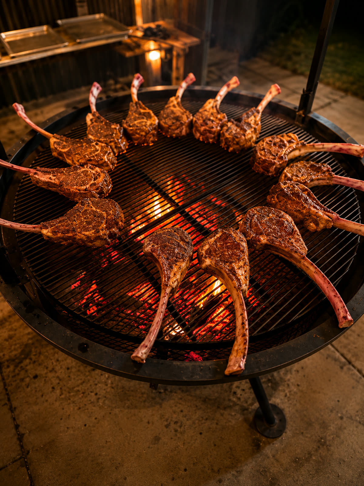 Tomahawk steaks ringed around the open fire grill at Costa Fuego, coals glowing beneath
